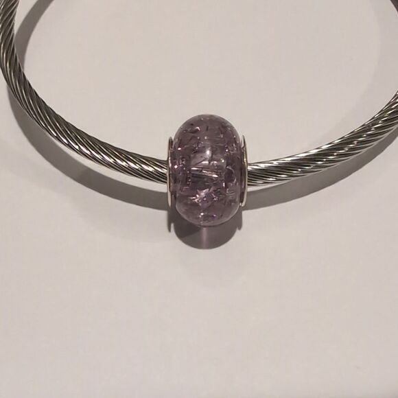 Silver Purple "Crushed Glass" Charm for Pandora Style Bracelet - Picture 2 of 4